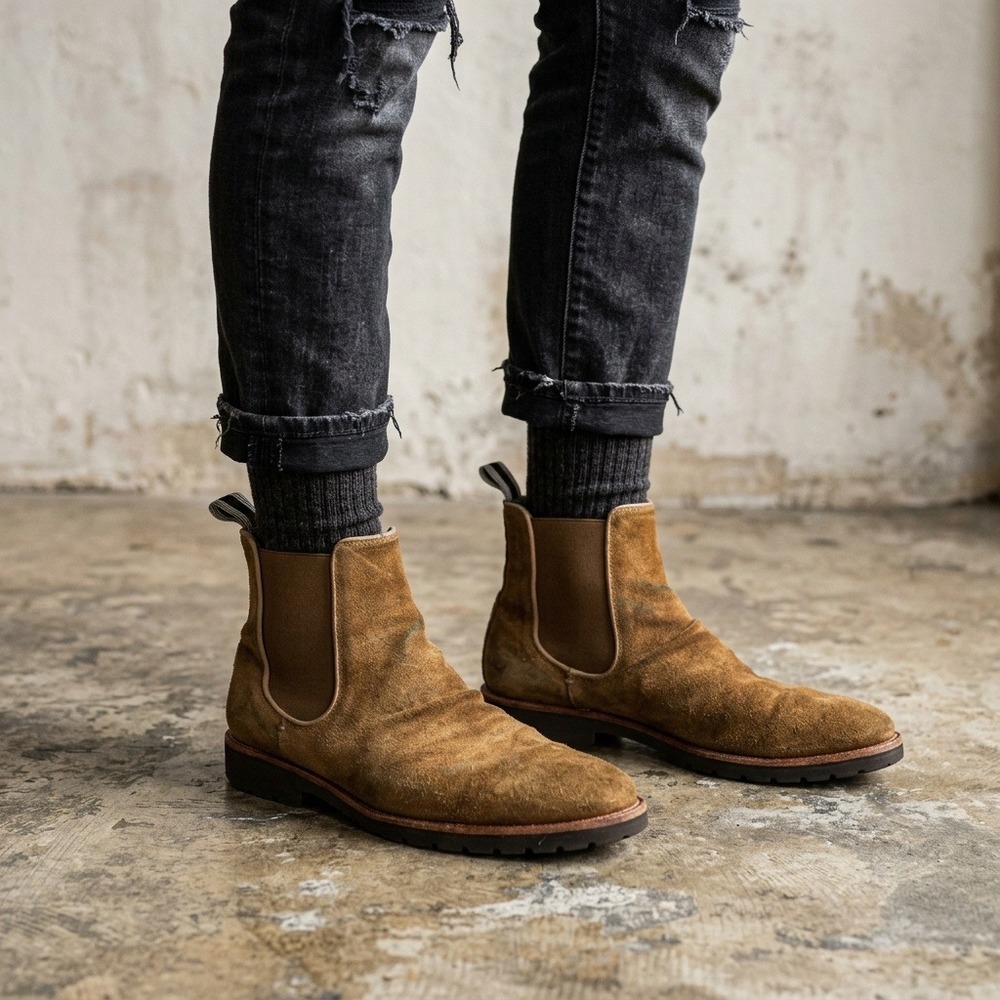 John Varvatos Mens Freeman Boots 9.5 Brown Suede Vibram Gumlite Lug Sole Chelsea